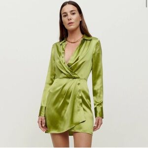 NWT Reformation Alaine Silk Long Sleeve Mini Wrap Dress in Avacado Green -Size 0